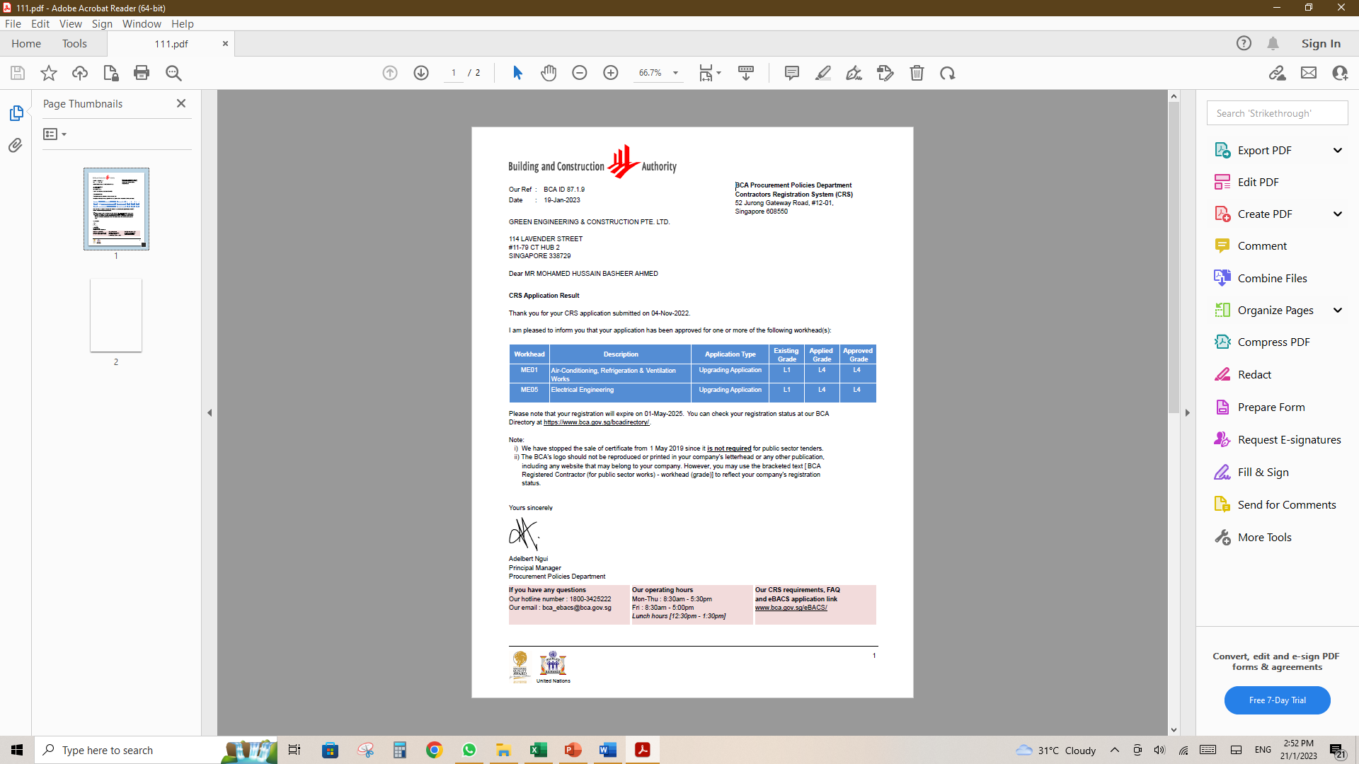 BCA Contractors Registration System letter