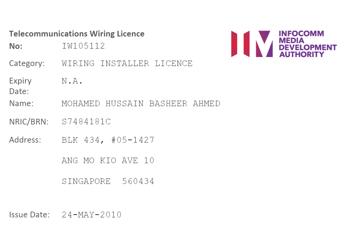 IMDA Telecommunications Wiring Licence